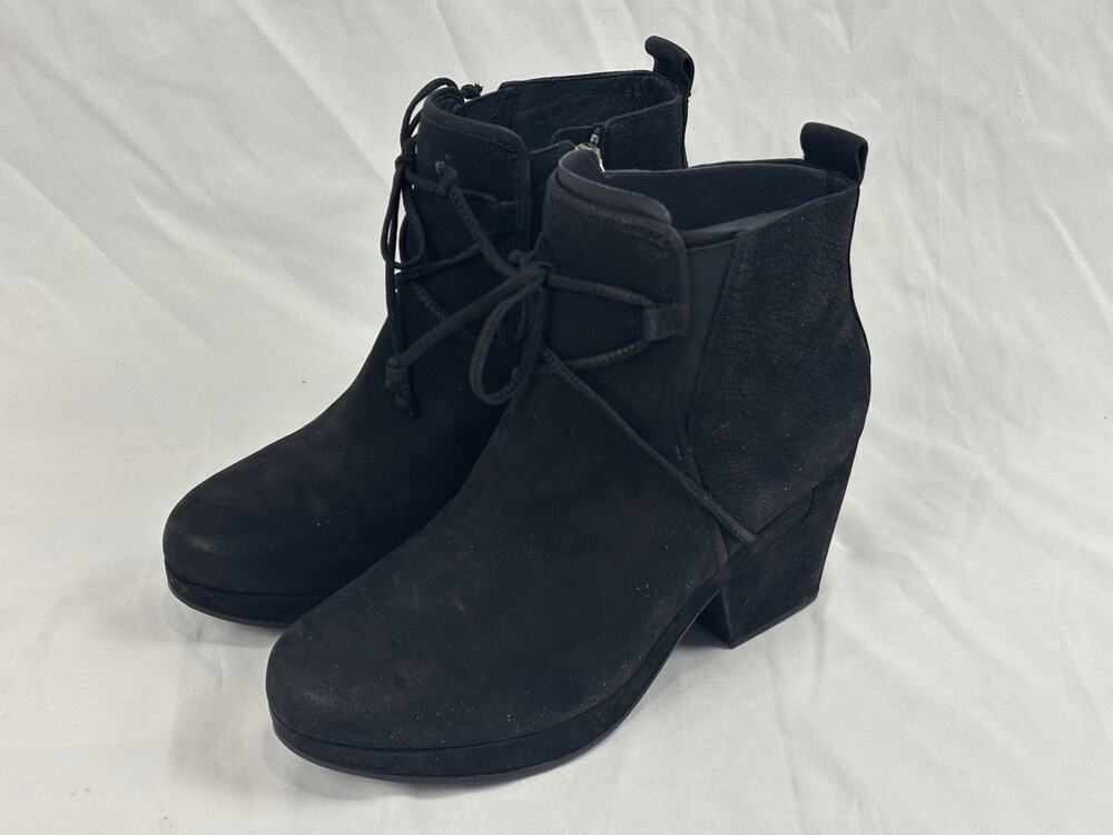 Eileen Fisher Laugh Block Heel Boots 7.5 Platform Suede Black Lace Up Ankle $268